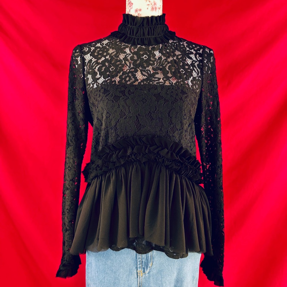 TUCKERNUCK Black Lace Ruffle Peplum Myla Top Mock Neck Long Sleeve Blouse XS - Picture 1 of 17